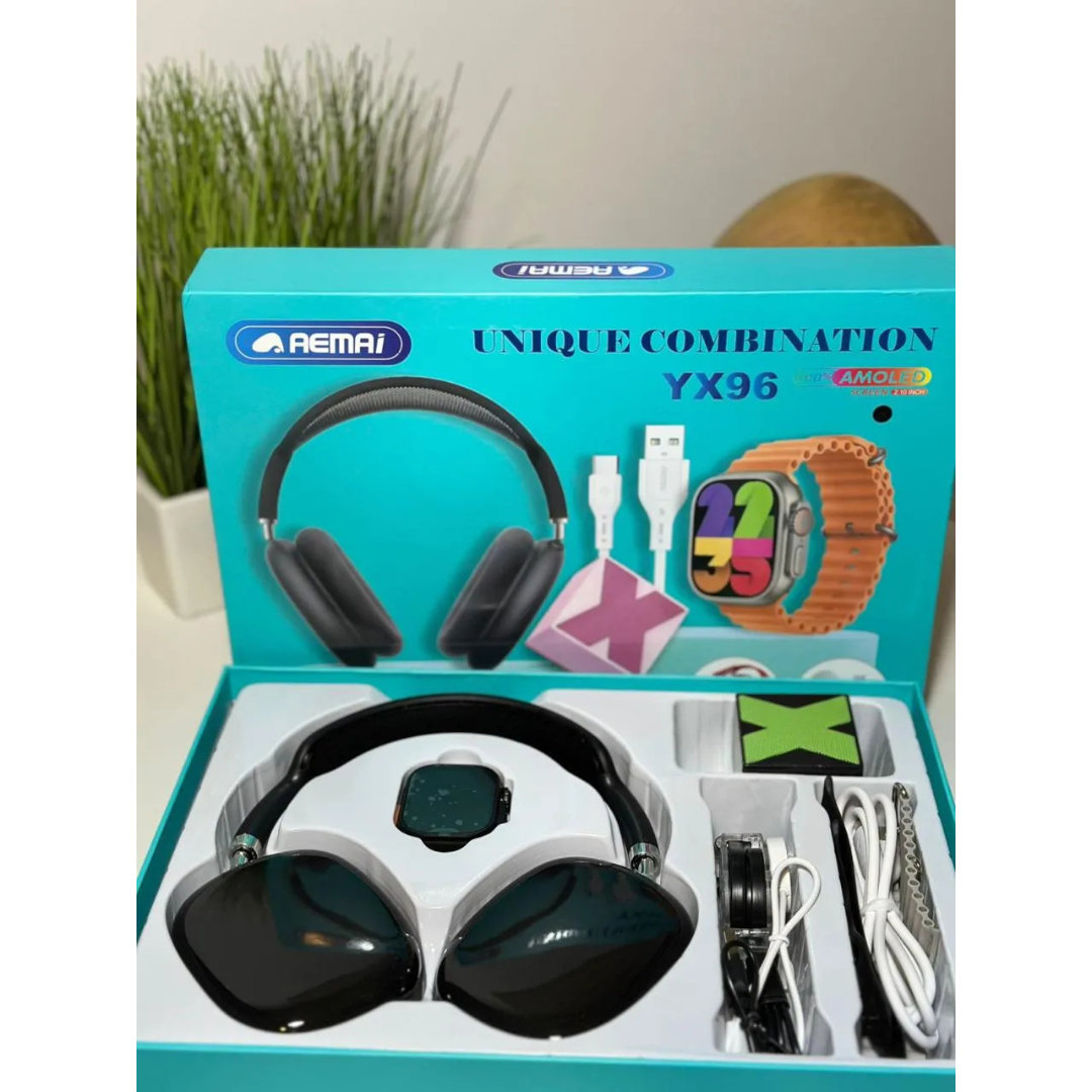 AEMAI YX96 مجموعة تقنية – سماعات رأس + ساعة ذكية + كابلات شحن