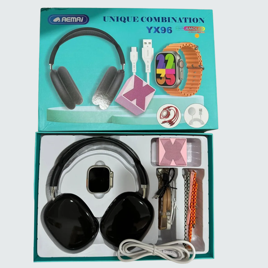 AEMAI YX96 مجموعة تقنية – سماعات رأس + ساعة ذكية + كابلات شحن